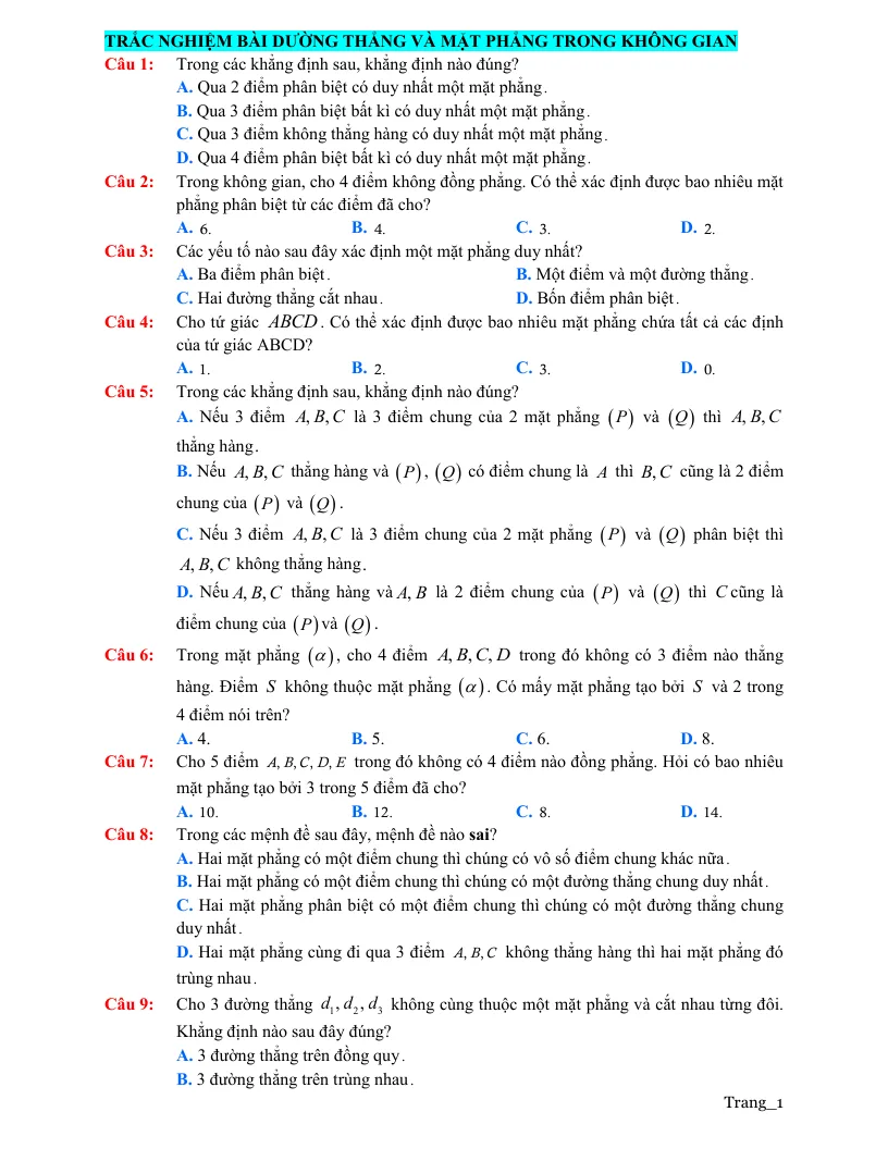 35 Câu Trắc Nghiệm Bài Đường Thẳng Và Mặt Phẳng Trong Không Gian