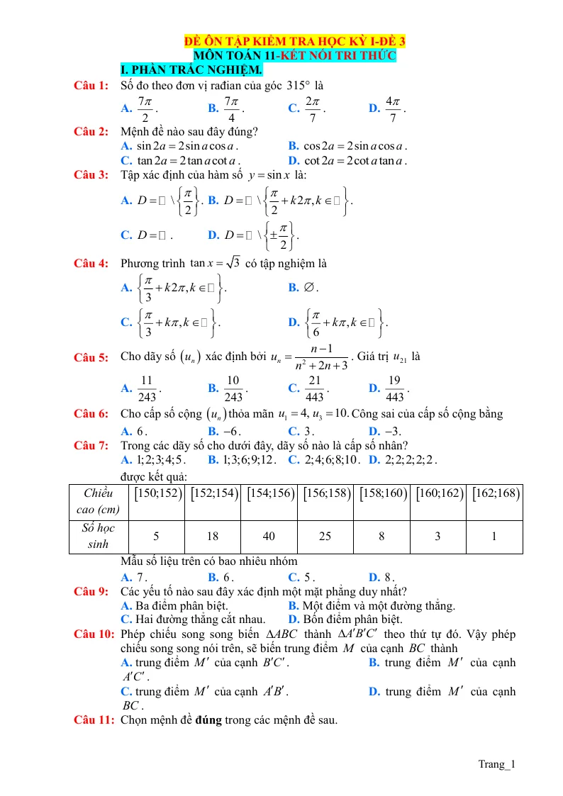 Đề Kiểm Tra HK1 Toán 11 Giải Chi Tiết - Đề 3
