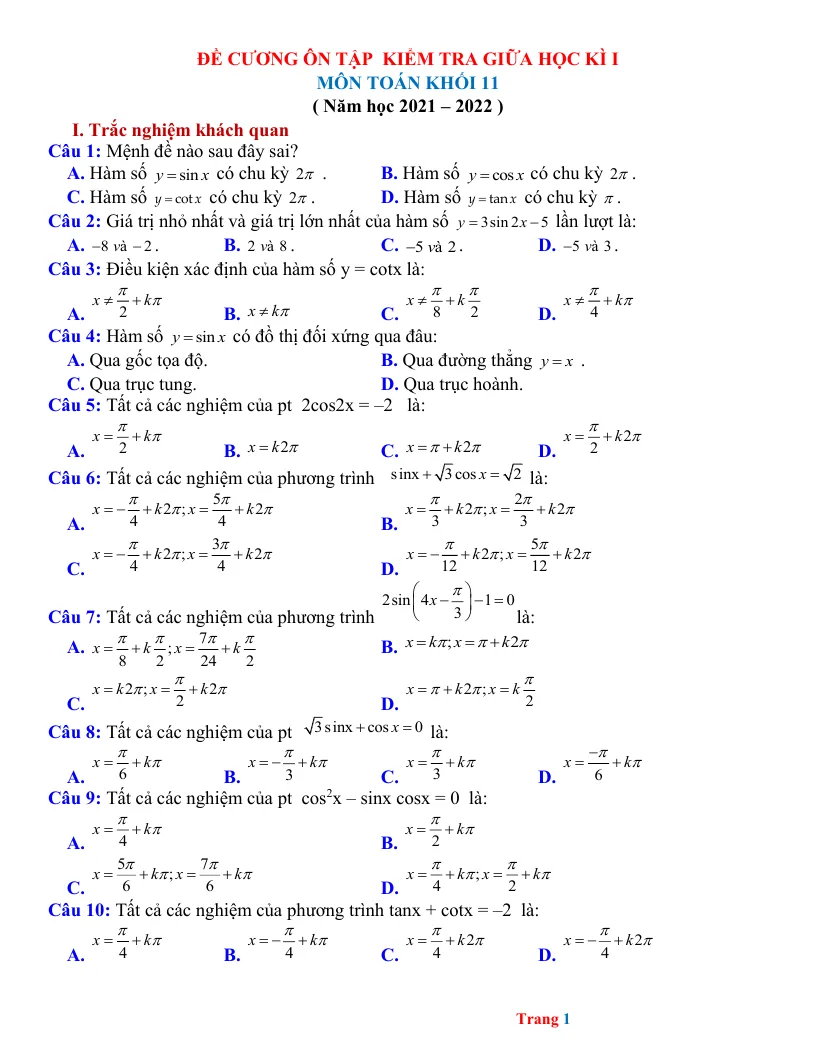 Đề Cương Ôn Tập Toán 11 Giữa Học Kỳ 1