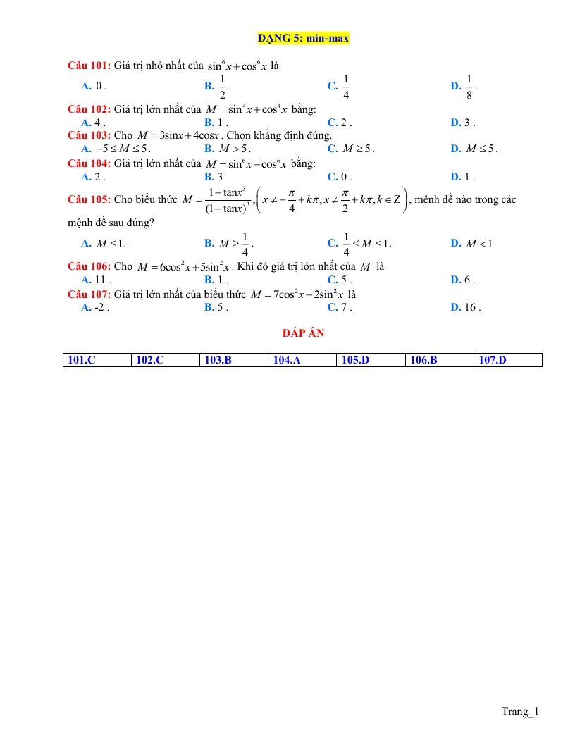 Trắc Nghiệm Min Max Tổng Hợp Công Thức Lượng Giác Lớp 11