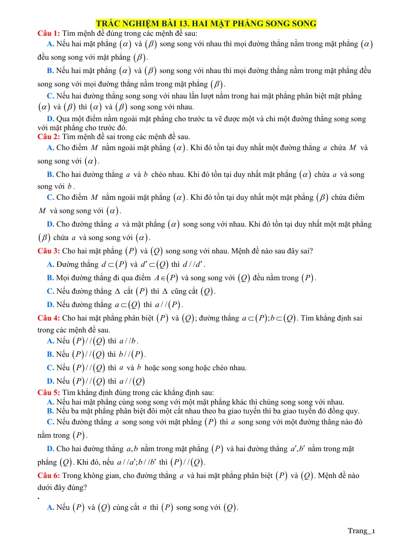 Trắc Nghiệm Bài 13 Hai Mặt Phẳng Song Song Mức Thông Hiểu
