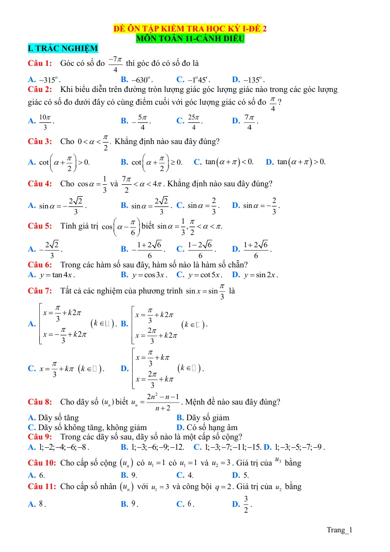 Đề Thi Học Kỳ 1 Toán 11 Giải Chi Tiết - Đề 2