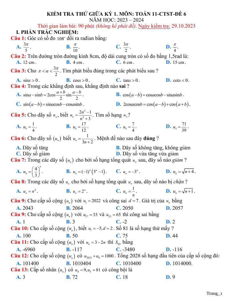 Đề Kiểm Tra Thử Toán 11 Giữa HK1 Có Đáp Án - Đề 6