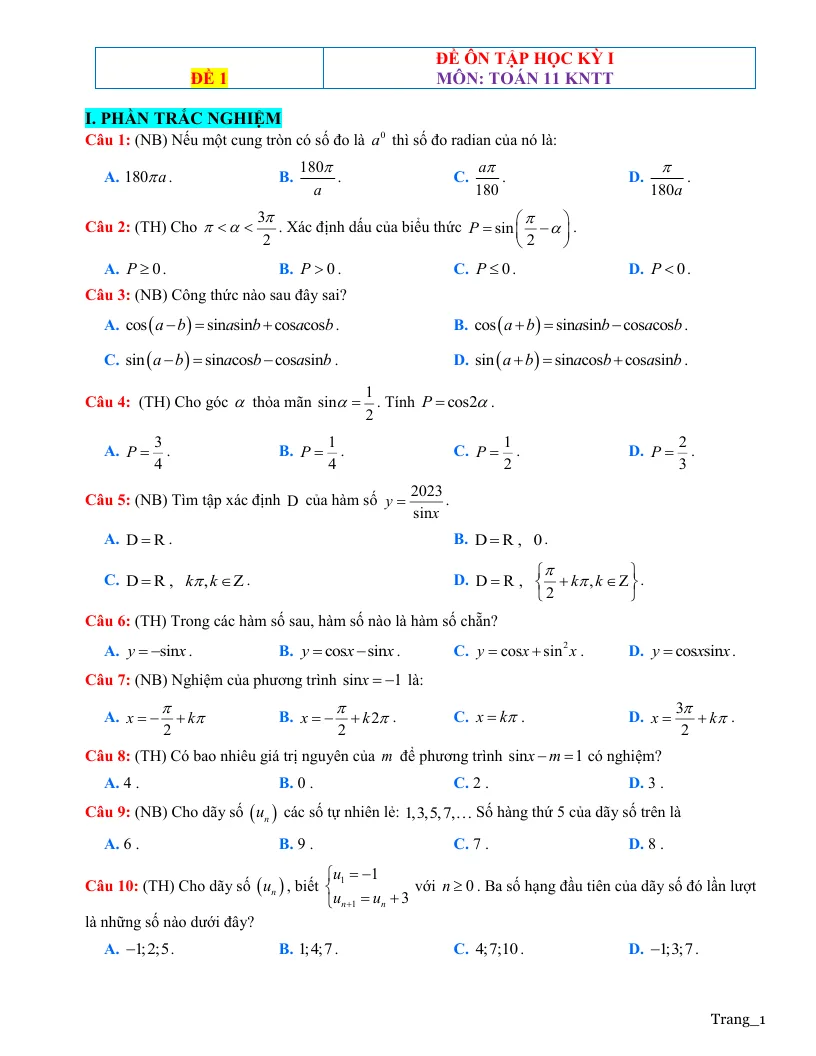 10 Đề Ôn Thi Học Kỳ 1 Toán 11