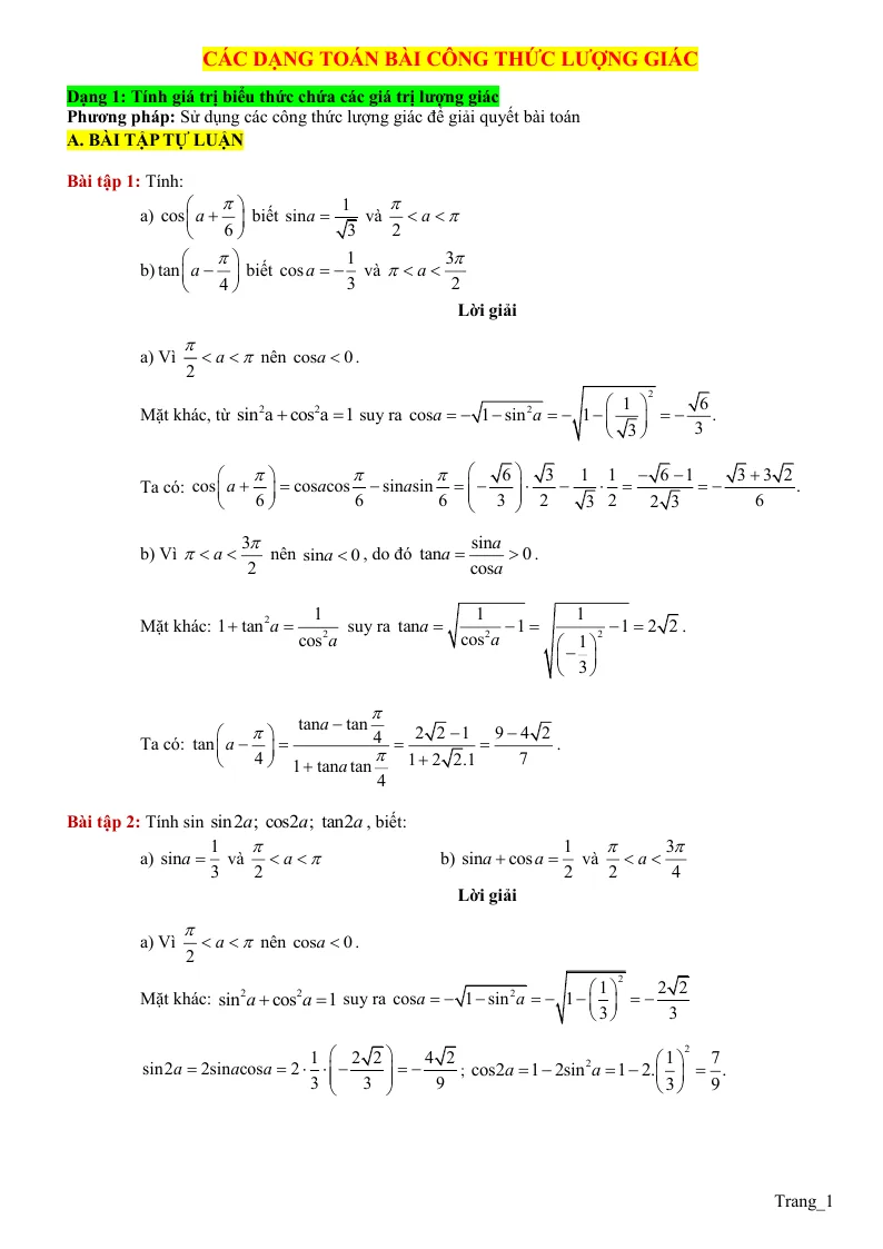 Các Dạng Toán Bài Công Thức Lượng Giác Toán 11