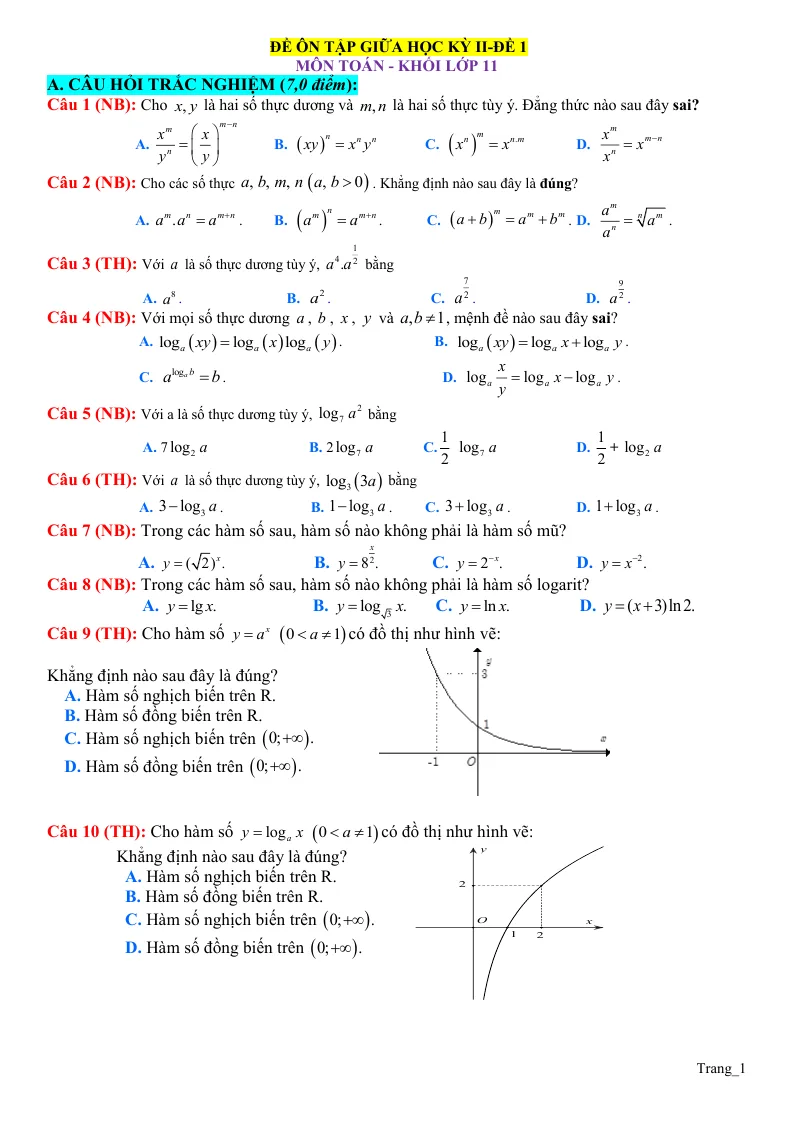 Bộ Đề Kiểm Tra Giữa Học Kỳ 2 Toán 11