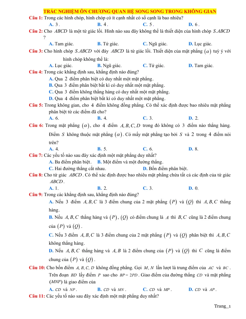 60 Câu Trắc Nghiệm Chương Quan Hệ Song Song Trong Không Gian