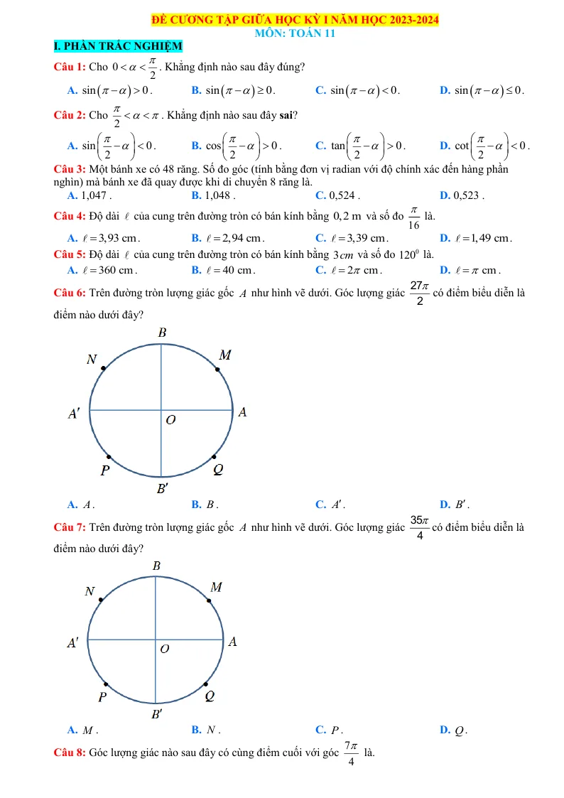Đề Cương Ôn Tập Giữa Học Kỳ 1 Toán 11