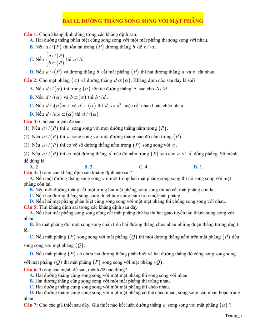 Trắc Nghiệm Bài 12 Đường Thẳng Song Song Với Mặt Phẳng Mức Thông Hiểu