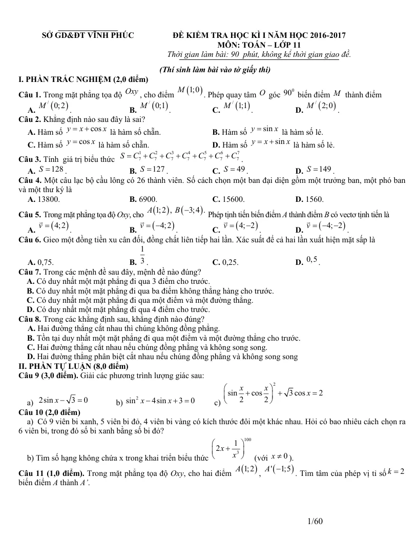 Tổng Hợp 10 Đề Thi Học Kỳ 1 Toán Lớp 11