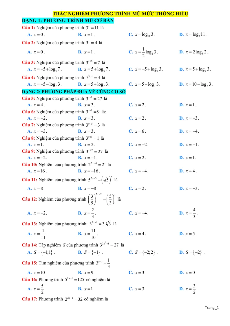 60 Câu Trắc Nghiệm Phương Trình Mũ Mức Thông Hiểu