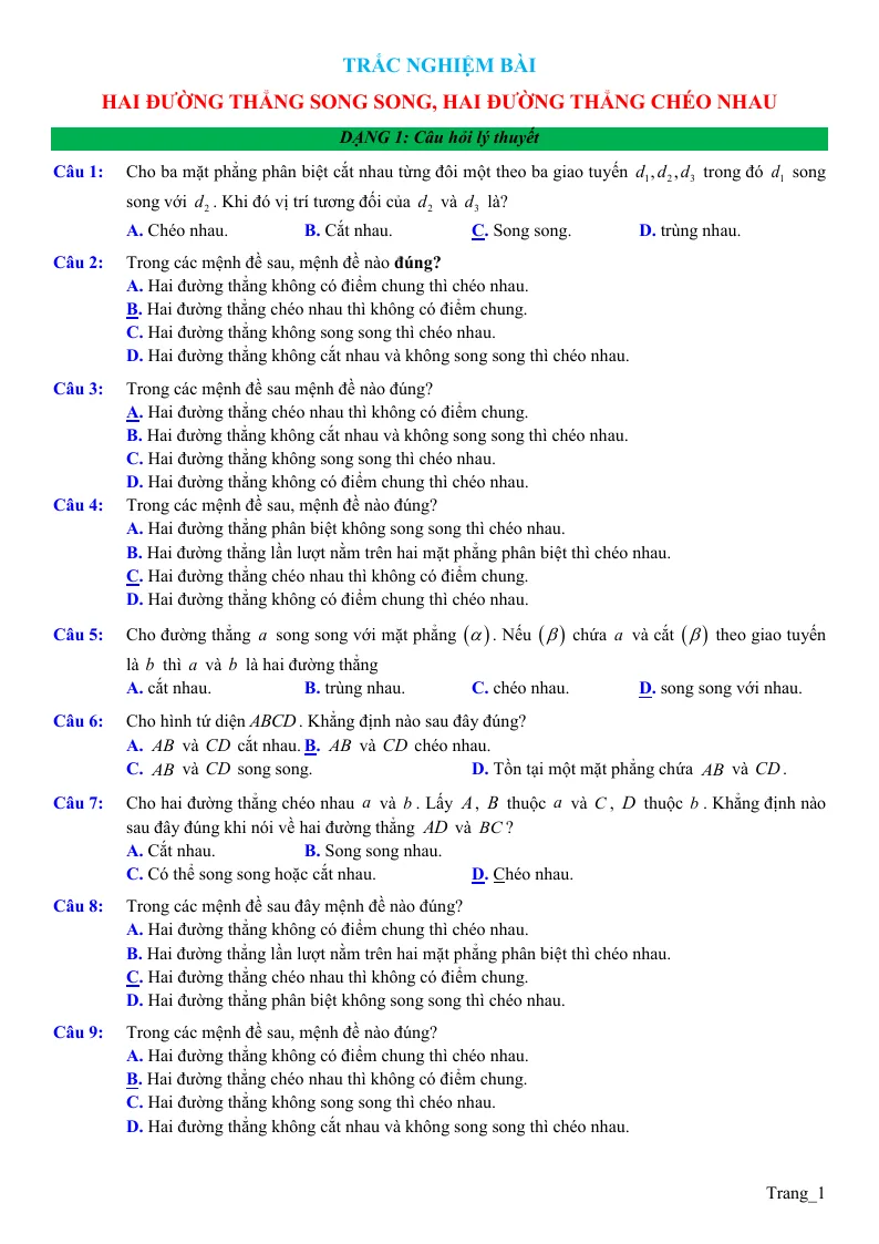 50 Câu Trắc Nghiệm Hai Đường Thẳng Song Song Chéo Nhau