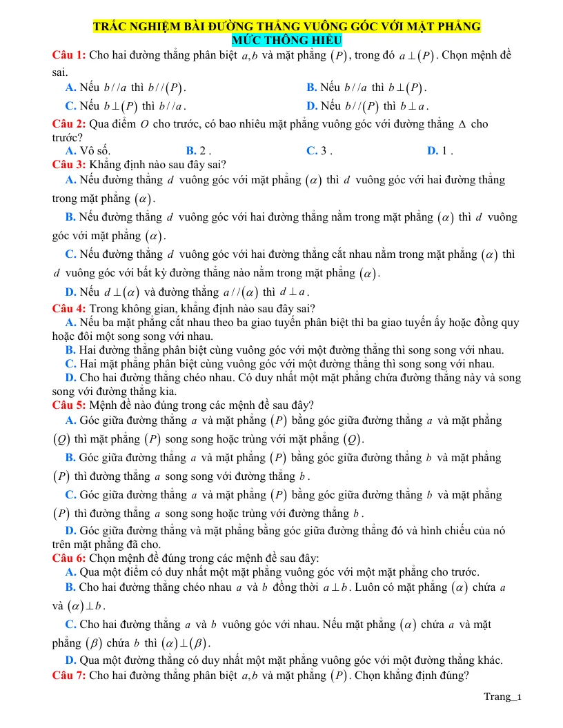 20 Câu Trắc Nghiệm Bài Đường Thẳng Vuông Góc Với Mặt Phẳng Mức Thông Hiểu