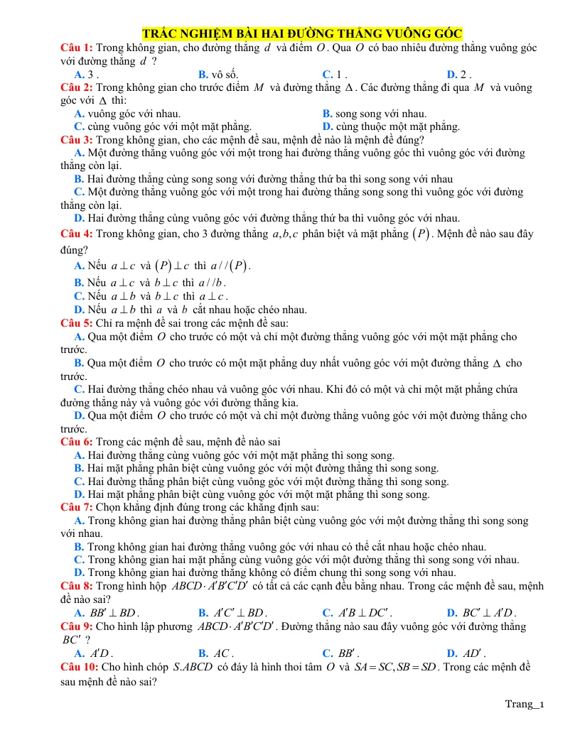 30 Câu Trắc Nghiệm Bài Hai Đường Thẳng Vuông Góc Mức Thông Hiểu