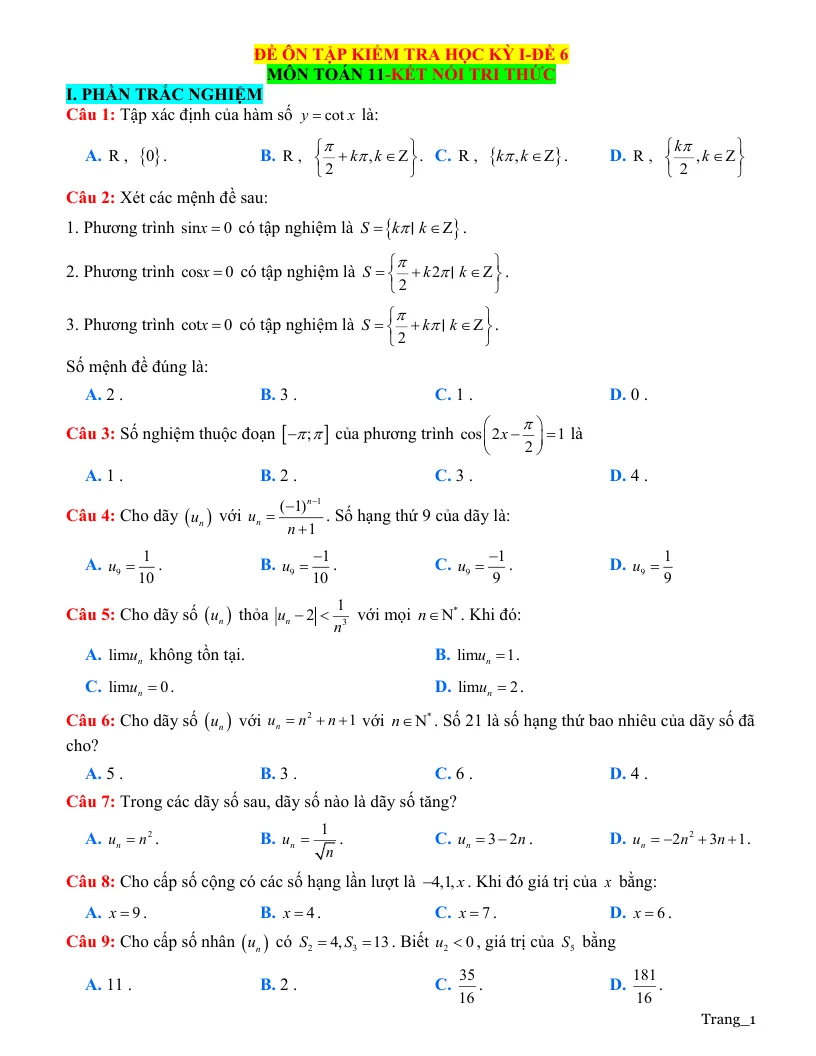 Đề Ôn Thi HK1 Toán 11 Giải Chi Tiết - Đề 6