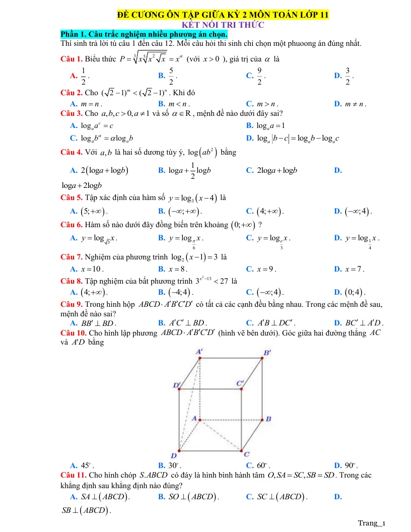 Đề Cương Ôn Tập Giữa Học Kỳ 2 Toán 11