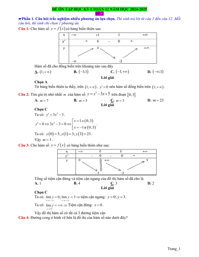 Đề Ôn Tập Cuối Học Kỳ 1 Toán 12 Có Lời Giải Chi Tiết - Đề 2