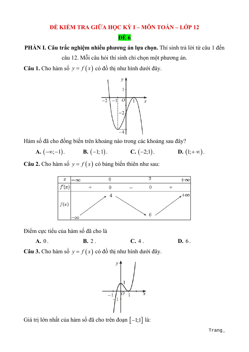 Đề Thi Giữa Kỳ 1 Toán 12 Có Lời Giải Chi Tiết - Đề 6