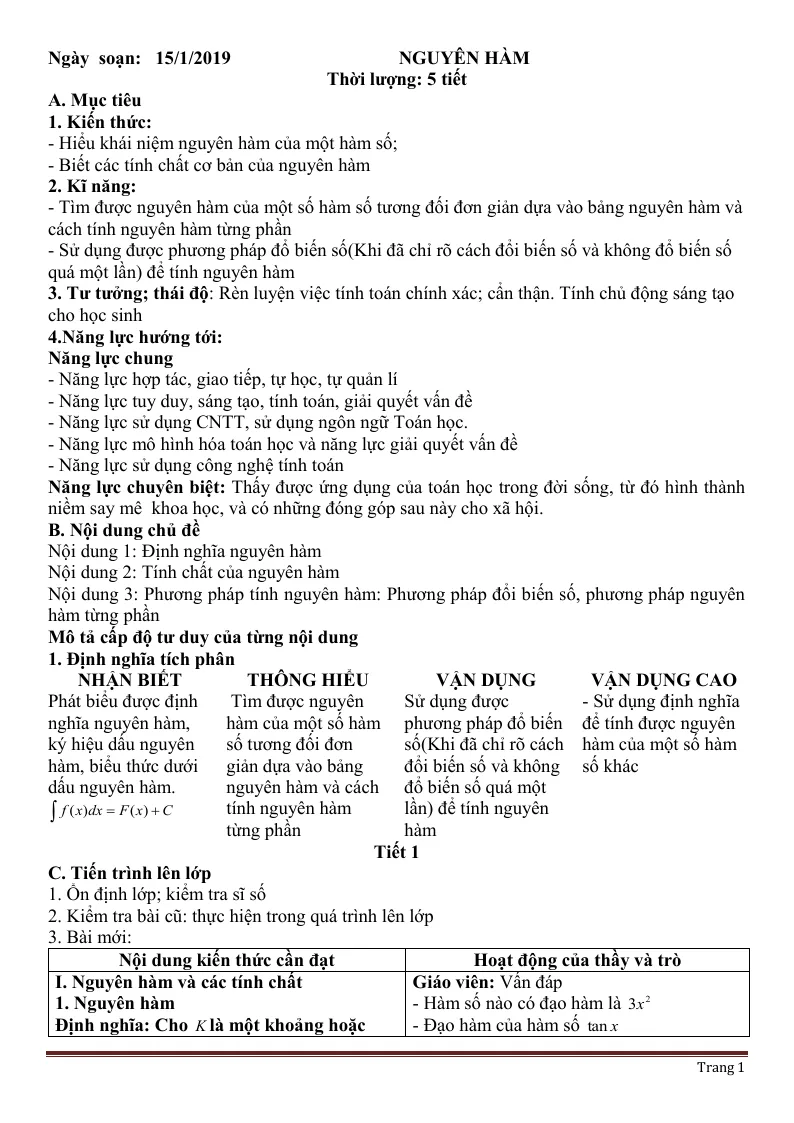 Giáo Án Giải Tích 12 Học Kỳ 2 Phương Pháp Mới 5 Hoạt Động