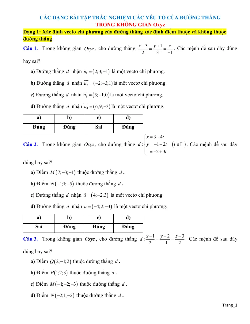 Trắc Nghiệm Đúng Sai Các Yếu Tố Liên Quan Đến Đường Thẳng Trong Không Gian Oxyz