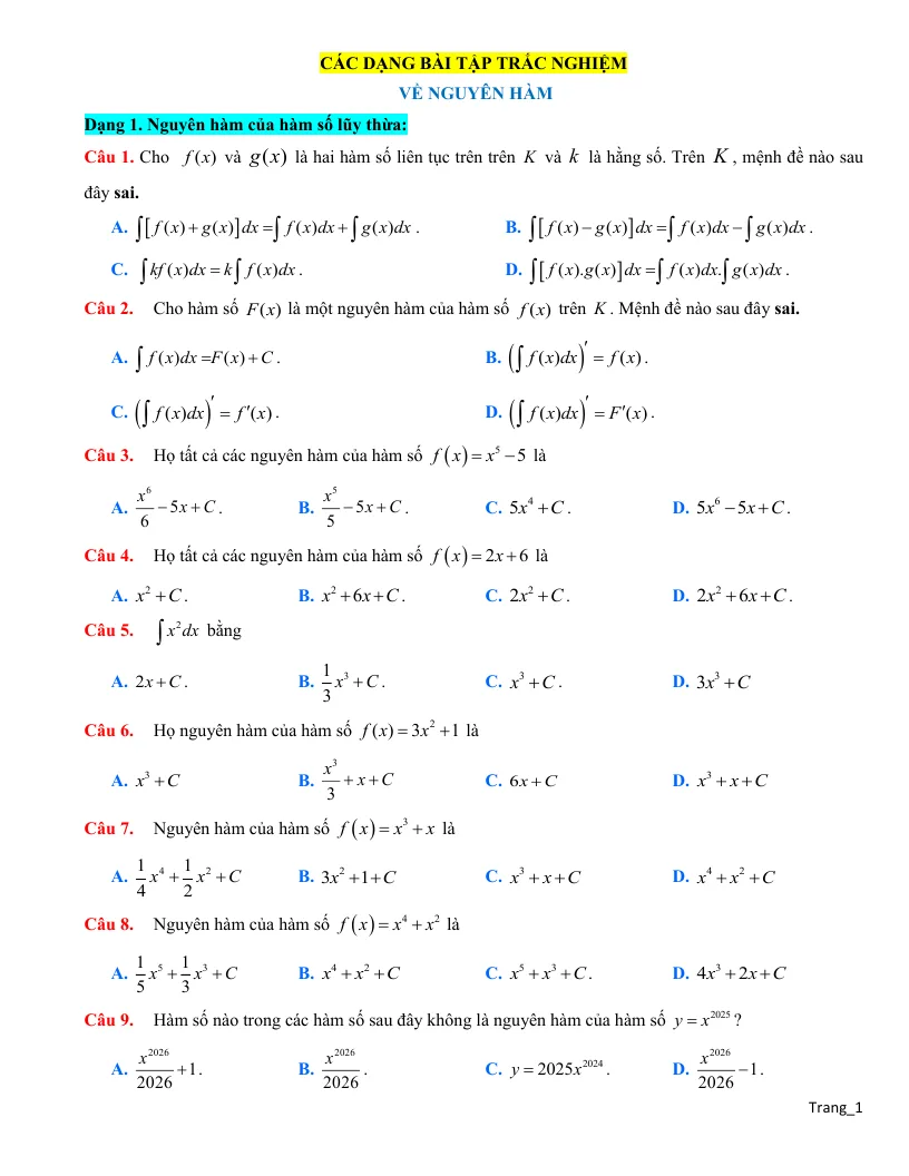 Các Dạng Bài Tập Trắc Nghiệm Về Nguyên Hàm