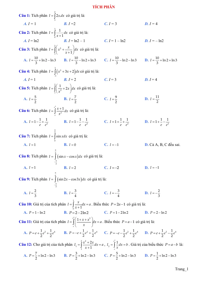 95 Câu Trắc Nghiệm Tích Phân