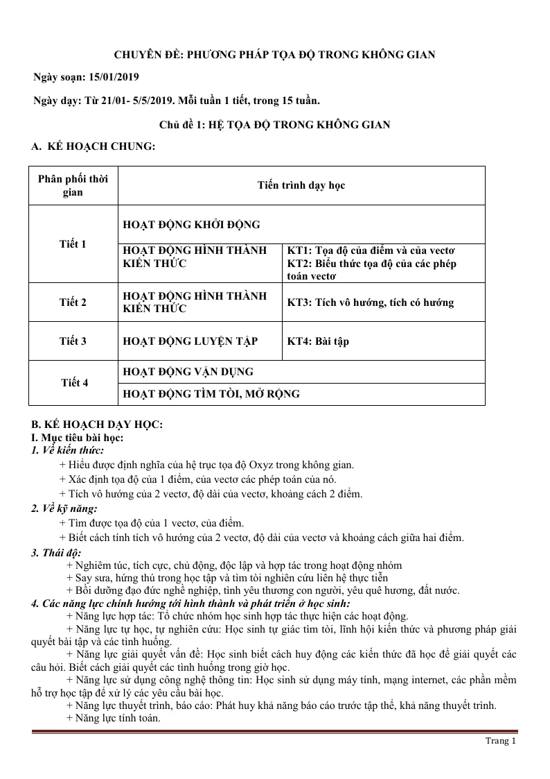 Giáo Án Hình Học 12 Học Kỳ 2 Phương Pháp Mới 5 Hoạt Động