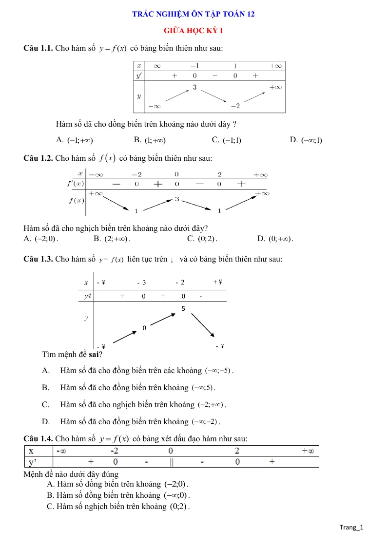 140 Câu Trắc Nghiệm Ôn Tập Toán 12 Giữa Học Kỳ 1