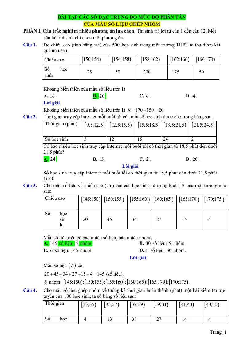30 Bài Tập Trắc Nghiệm Các Số Đặc Trưng Đo Mức Độ Phân Tán Lớp 12 Theo Form Mới