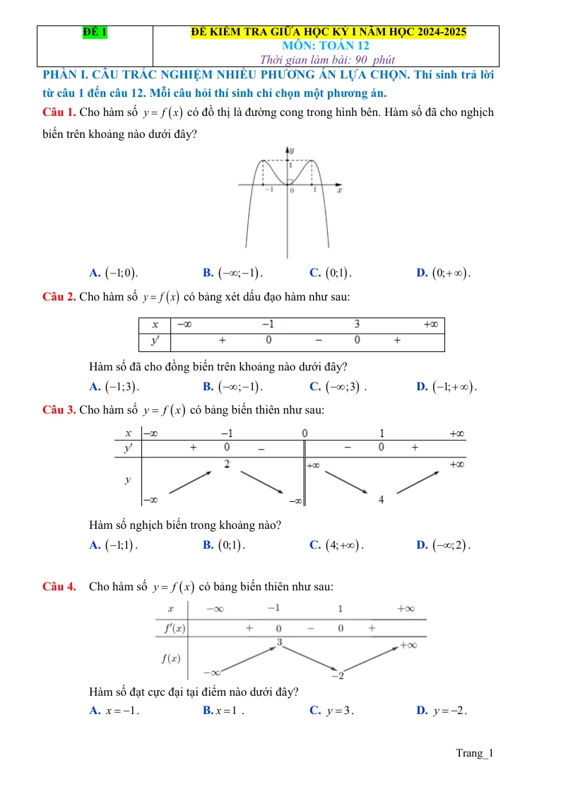 Đề Kiểm Tra Giữa Học Kỳ 1 Toán 12 Giải Chi Tiết - Đề 1