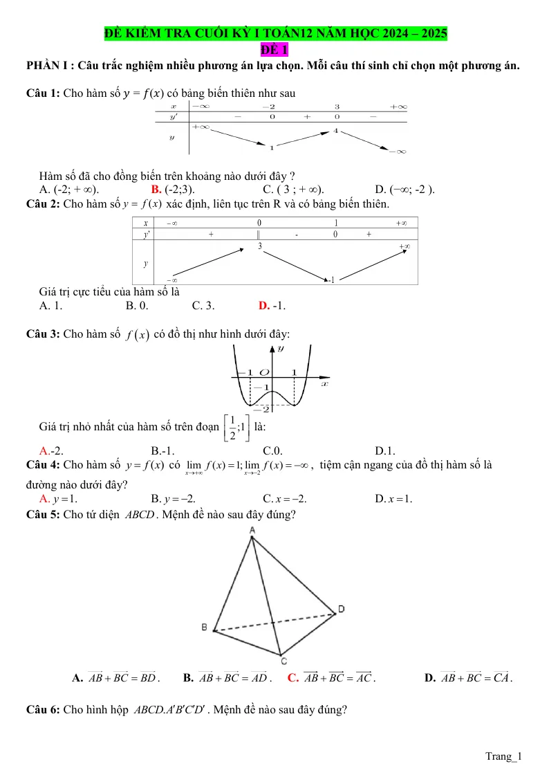 10 Đề Thi Học Kỳ 1 Toán 12