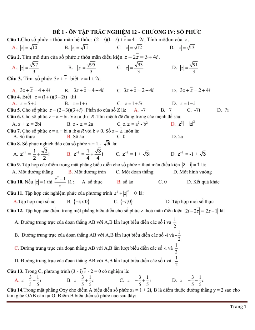 37 câu trắc nghiệm số phức