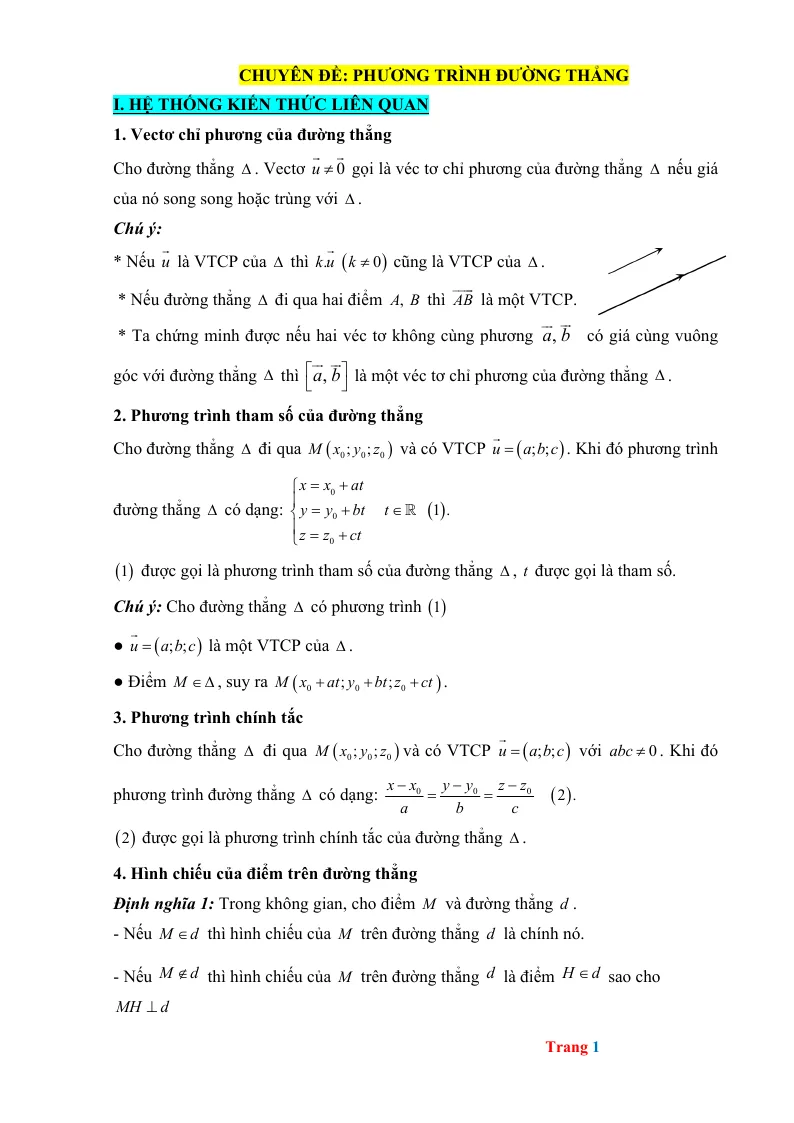 Chuyên Đề Phương Trình Đường Thẳng Trong Không Gian Oxyz