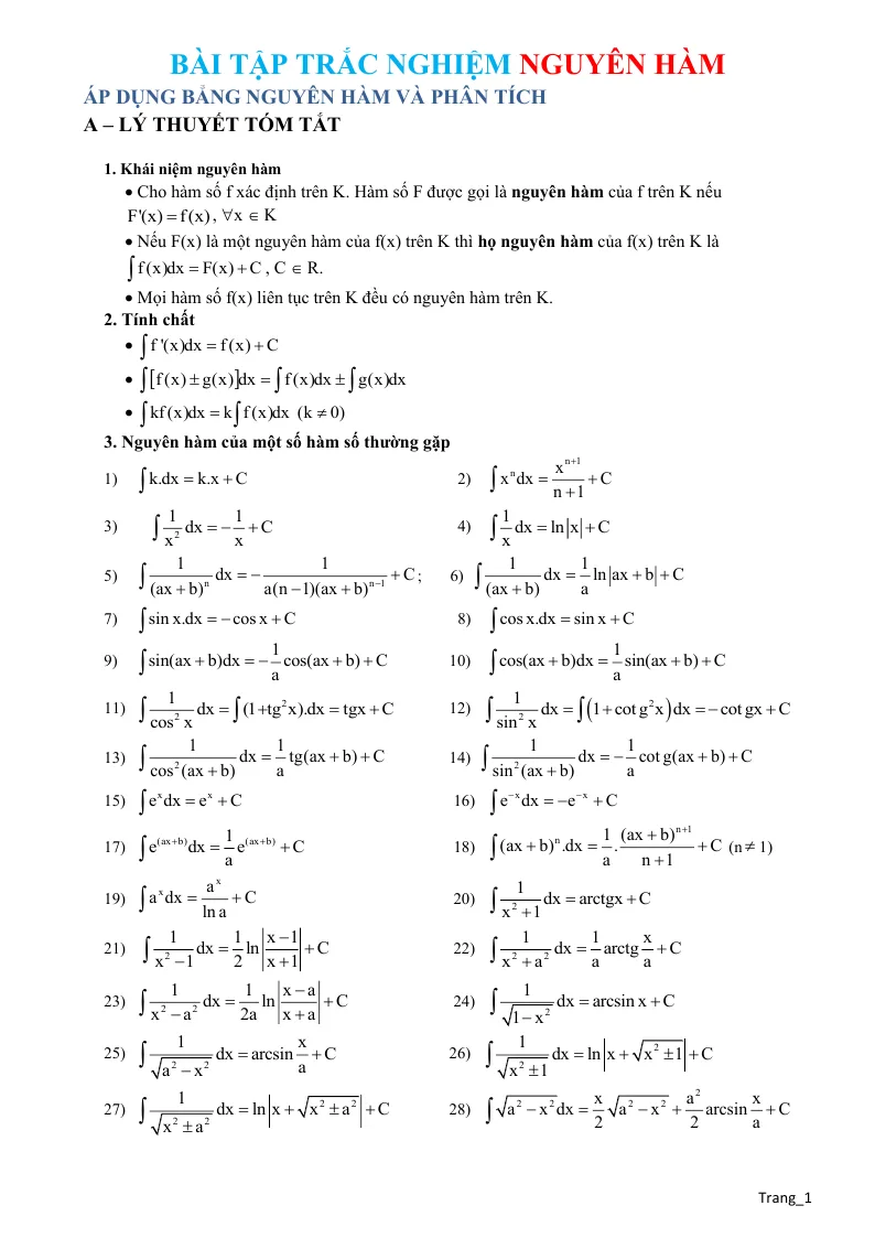 260 Câu Trắc Nghiệm Nguyên Hàm