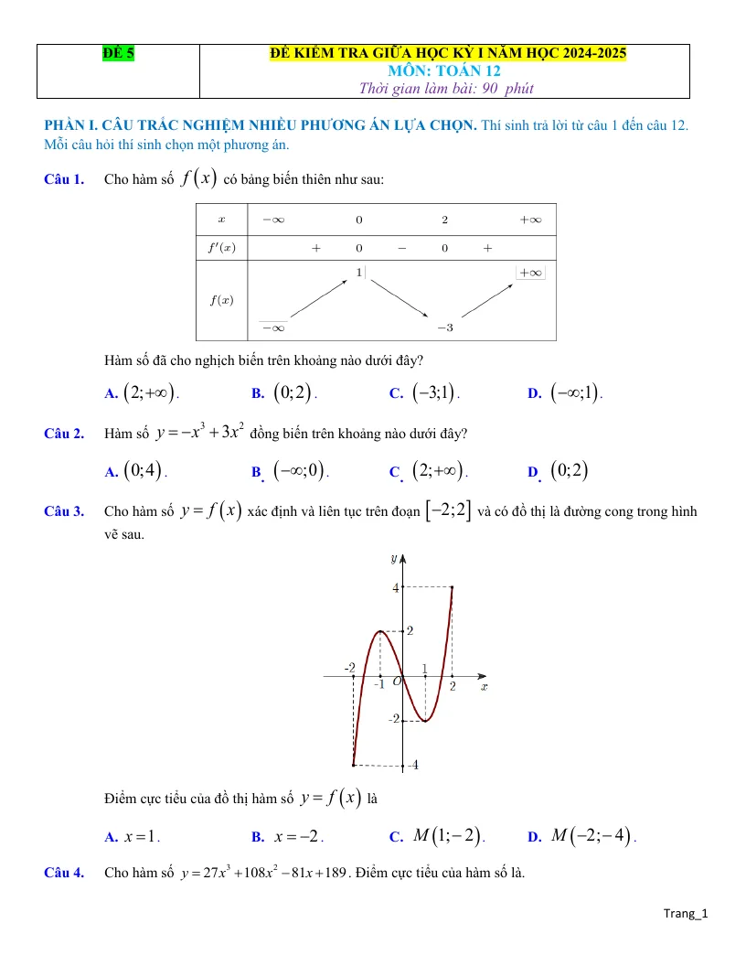 Đề Thi Giữa Học Kỳ 1 Toán 12 Giải Chi Tiết - Đề 5