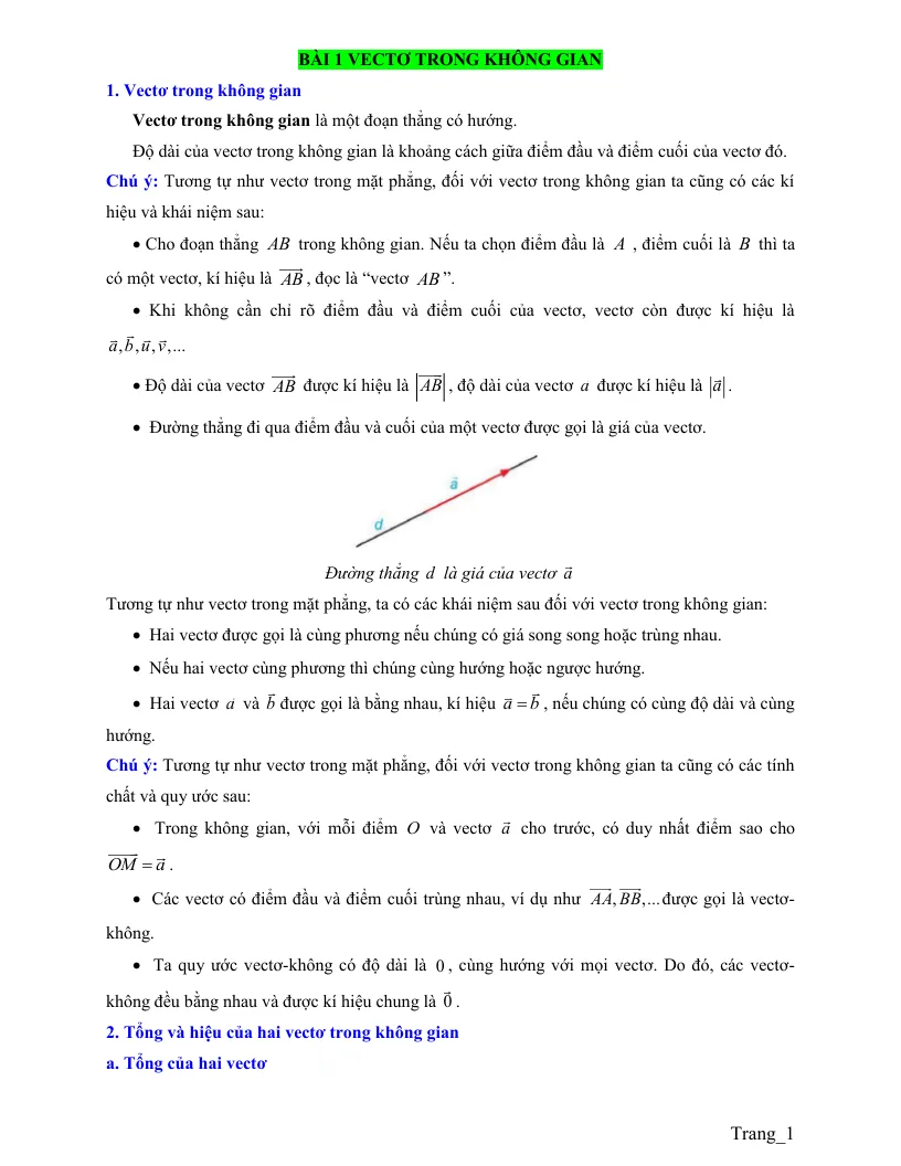 Lý Thuyết Vectơ Trong Không Gian Lớp 12