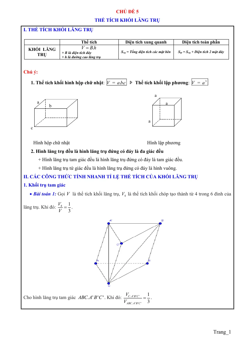 100 Câu Trắc Nghiệm Thể Tích Khối Lăng Trụ Theo Từng Mức Độ