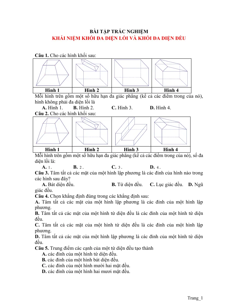 Bài Tập Trắc Nghiệm Khái Niệm Khối Đa Diện Lồi Và Đều
