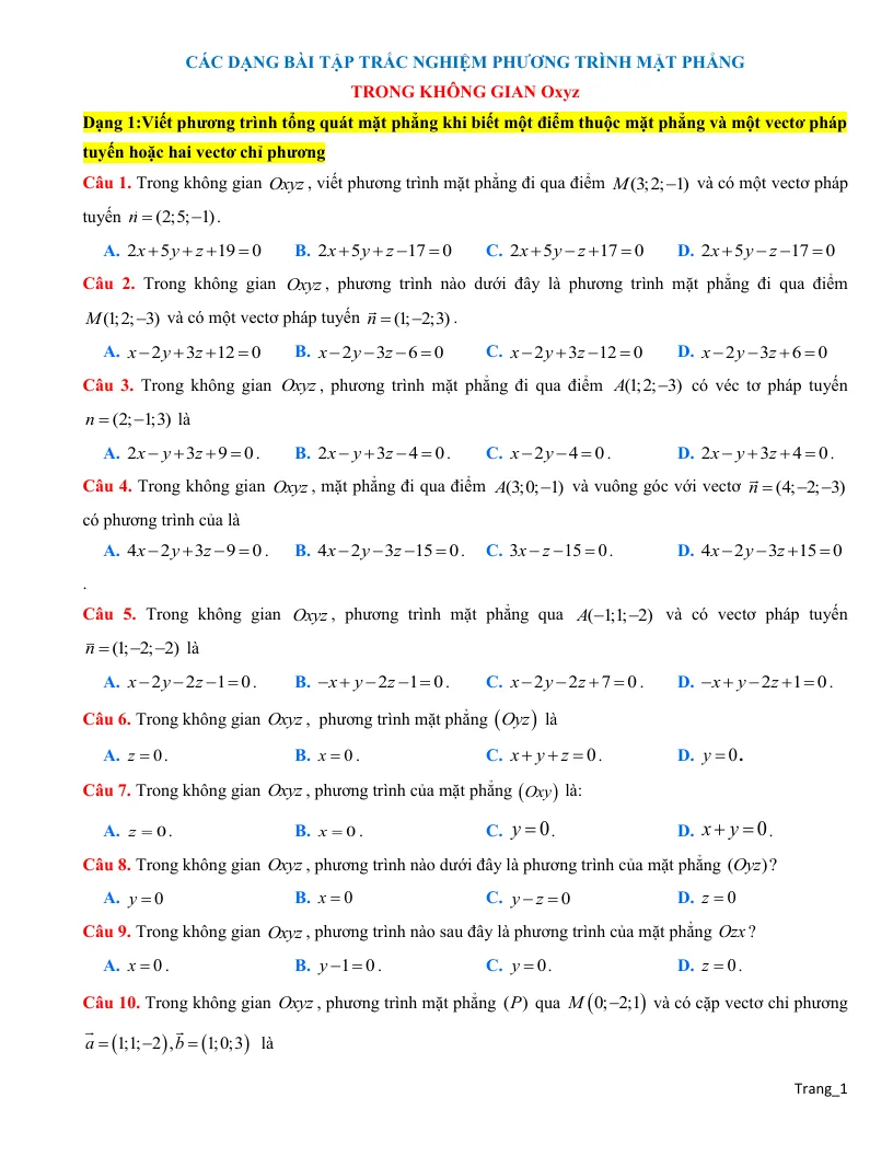 Các Dạng Trắc Nghiệm Phương Trình Mặt Phẳng Trong Không Gian Oxyz