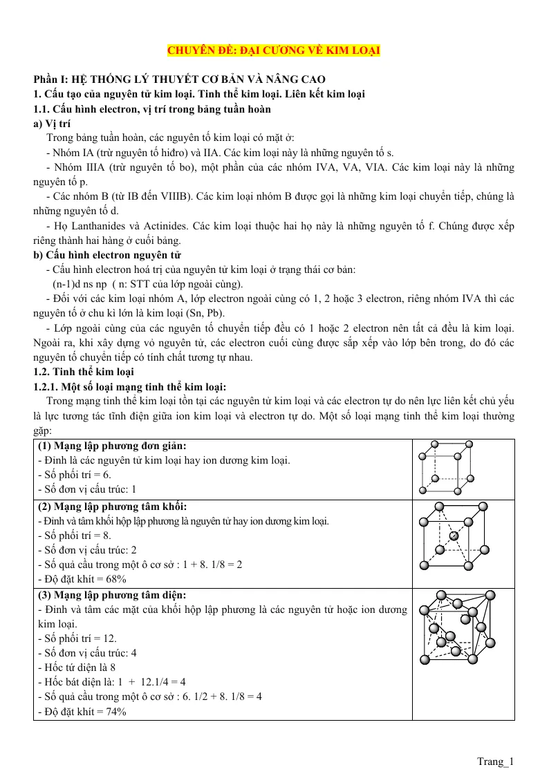 Chuyên Đề Đại Cương Về Kim Loại Bồi Dưỡng Học Sinh Giỏi Hóa 12