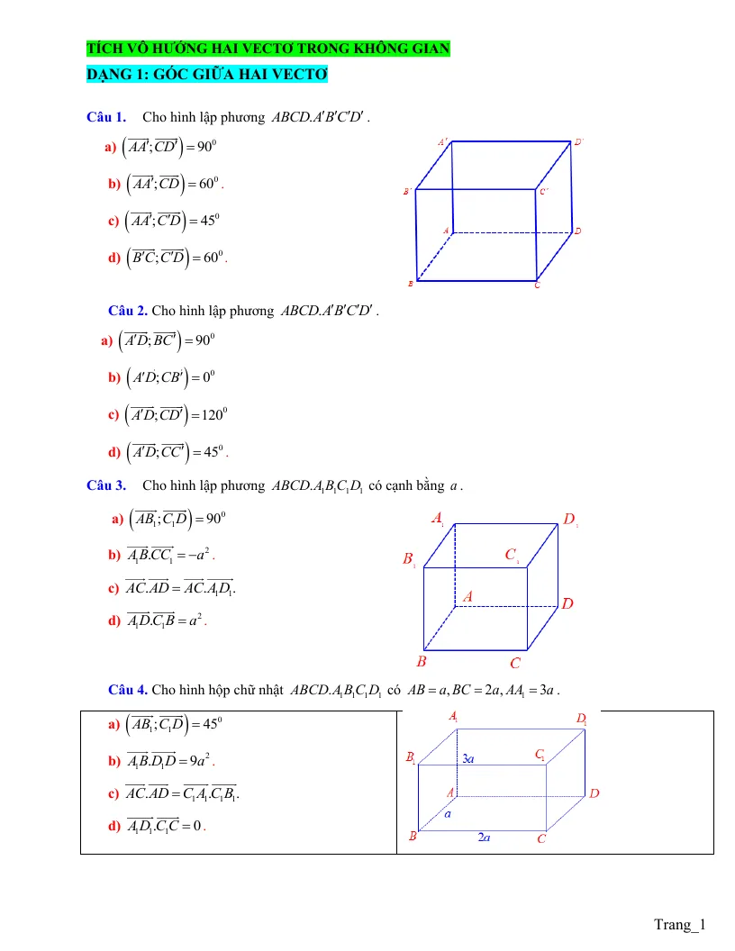 Các Dạng Trắc Nghiệm Đúng Sai Tích Vô Hướng Của Hai Vectơ Trong Không Gian 12
