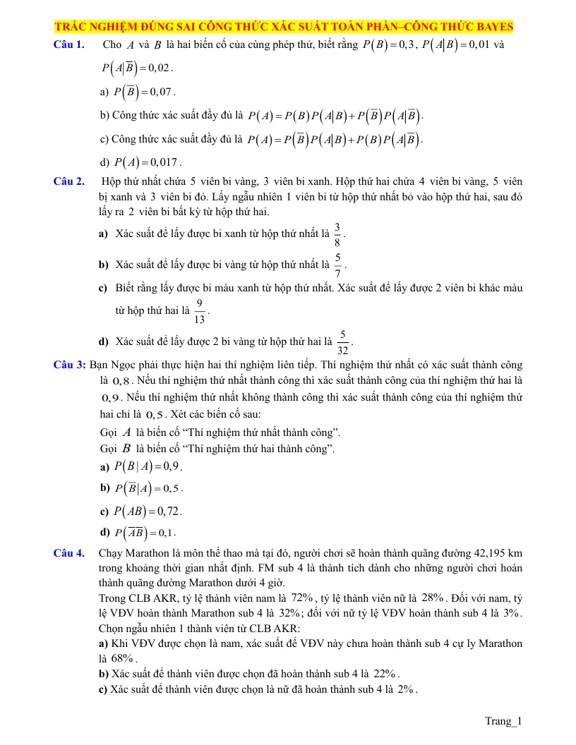 15 Câu Trắc Nghiệm Đúng Sai Công Thức Xác Suất Toàn Phần Và Bayes Lớp 12