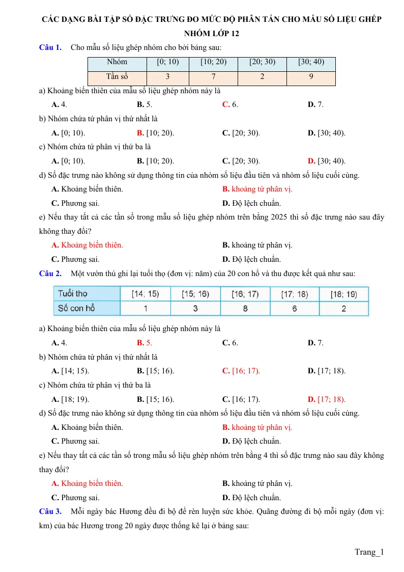Các Dạng Trắc Nghiệm Khoảng Tứ Phân Vị Phương Sai Mẫu Số Liệu Ghép Nhóm Lớp 12