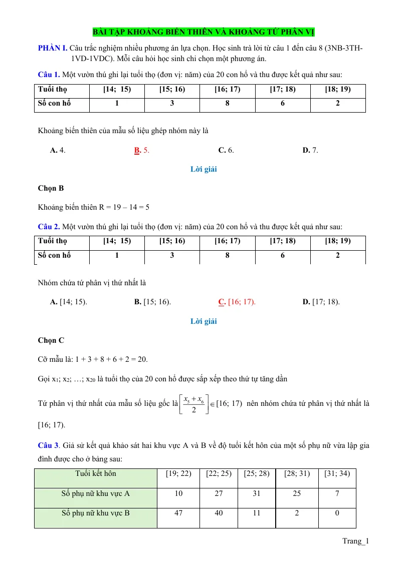 20 Bài Tập Trắc Nghiệm Khoảng Biến Thiên Và Khoảng Tứ Phân Vị Theo Form Mới Lớp 12