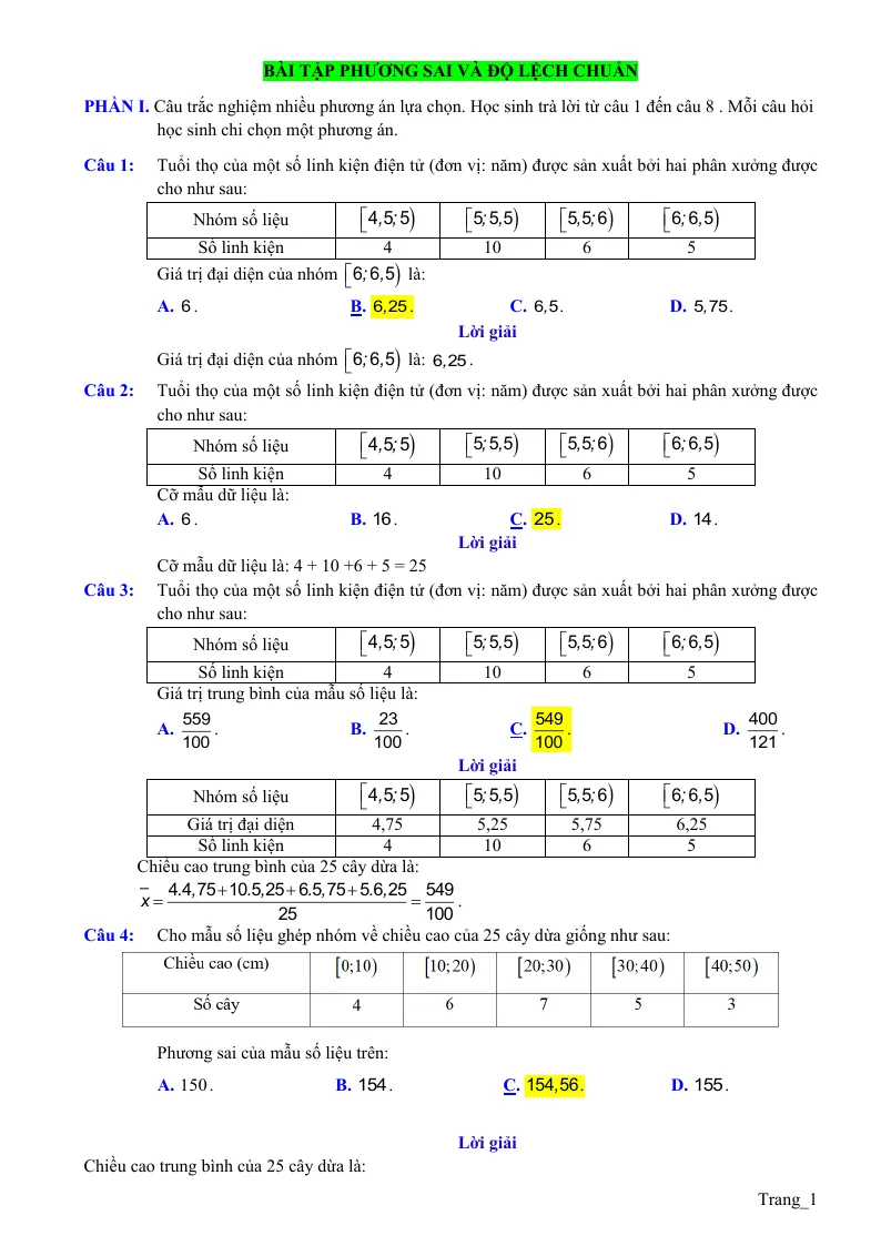 20 Bài Tập Trắc Nghiệm Phương Sai Và Độ Lệch Chuẩn Lớp 12 Theo Form Mới