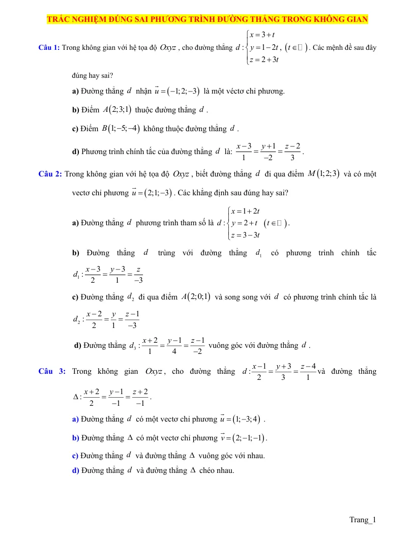 15 Câu Trắc Nghiệm Đúng Sai Phương Trình Đường Thẳng Trong Không Gian