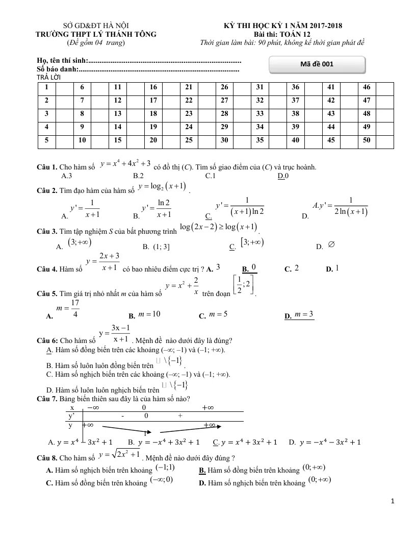 10 Đề Thi Học Kỳ 1 Toán 12
