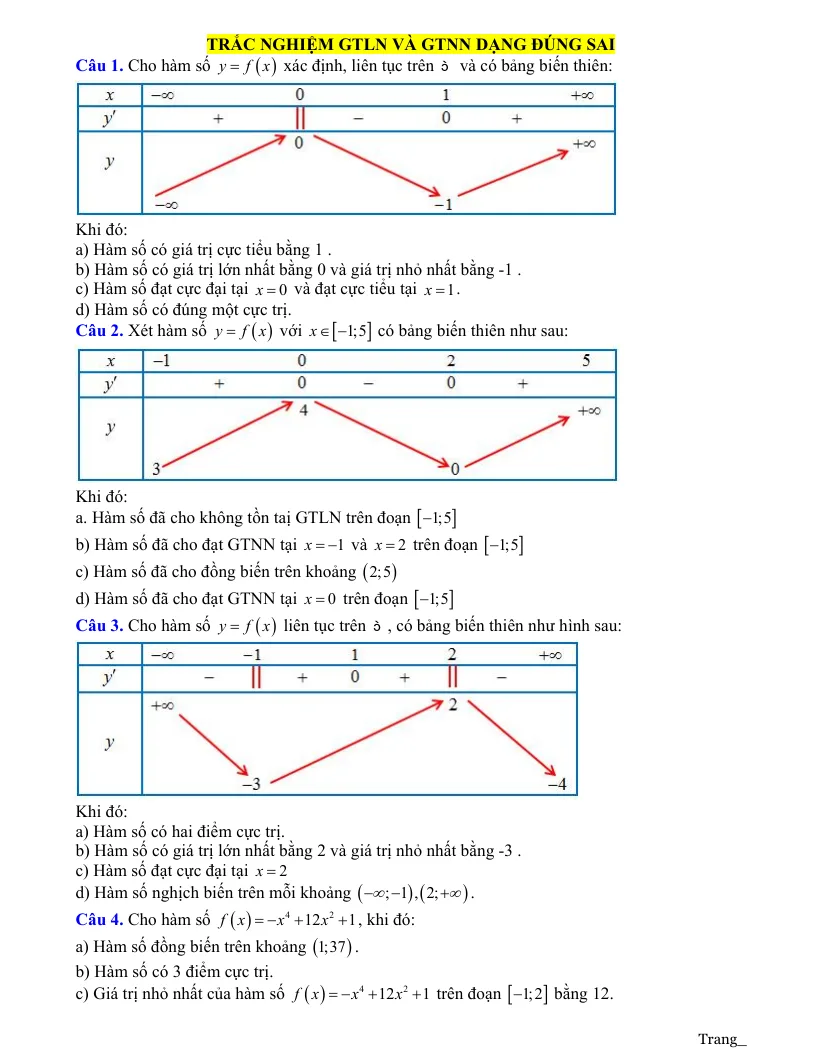 20 Câu Trắc Nghiệm GTLN Và GTNN Lớp 12 Dạng Đúng Sai