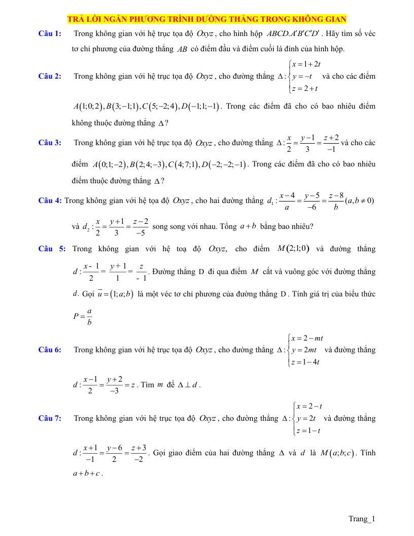 20 Câu Trả Lời Ngắn Phương Trình Đường Thẳng Trong Không Gian