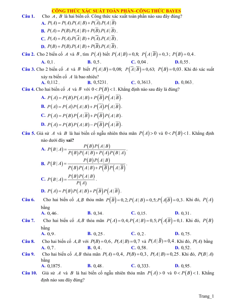 40 Câu Trắc Nghiệm Công Thức Xác Suất Toàn Phần Và Bayes Lớp 12